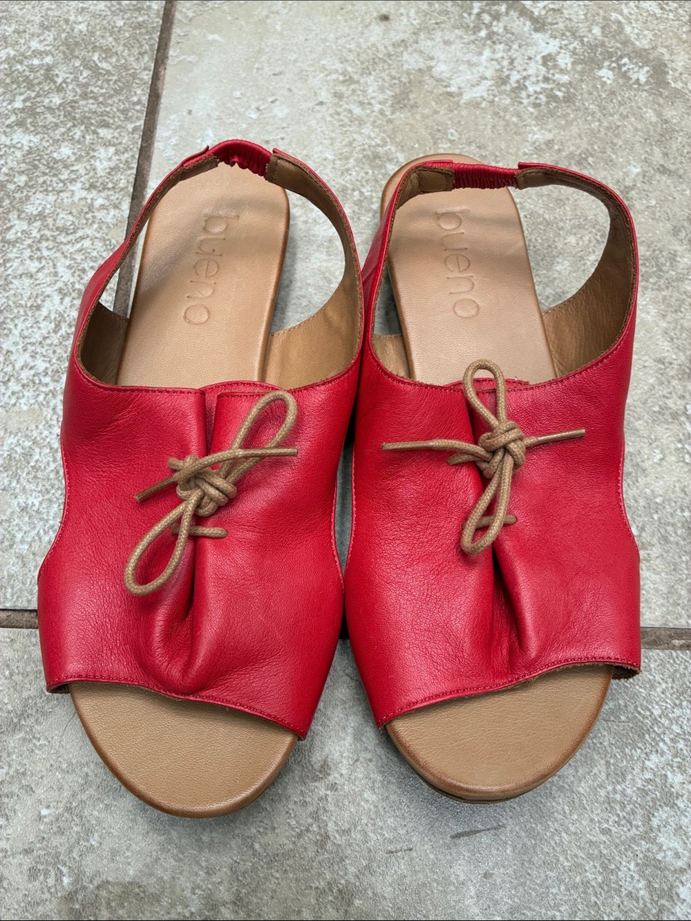 Bueno Red Leather Open-Toe Slingback Sandals with Tan Knot Accent